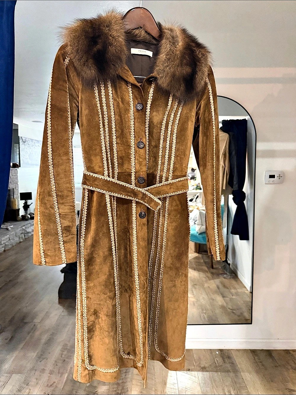 Prada Brown Leather Fur-Collar Coat Size 38 Like New 🧥🤎 vintage Y2K - Picture 2 of 16